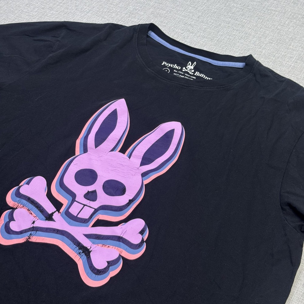Psycho Bunny T-Shirt Mens L Black Crew Neck Cotton Graphic Tagless Short Sleeve